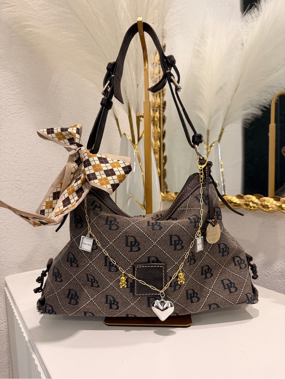 Dooney & Bourke Brown Quilted Logo Shoulder Bag with Charm Chain